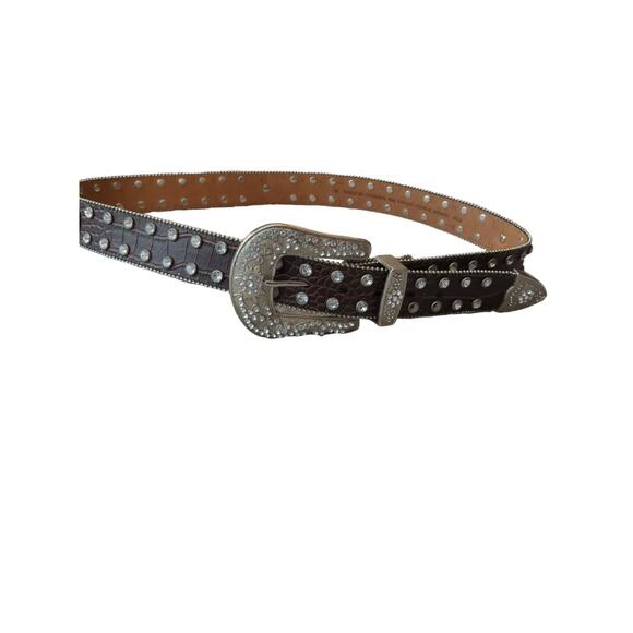 Unbranded Accessories - Western Belt Bling Rhinestones & Studs Heavy Genuine Brown Leather Women XL